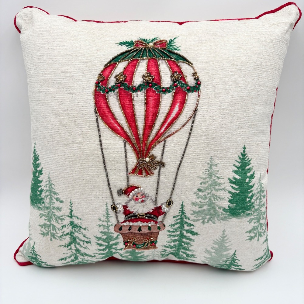 Christmas Santa Hot Air Balloon Beaded Decorative Throw Pillow Holiday Decor